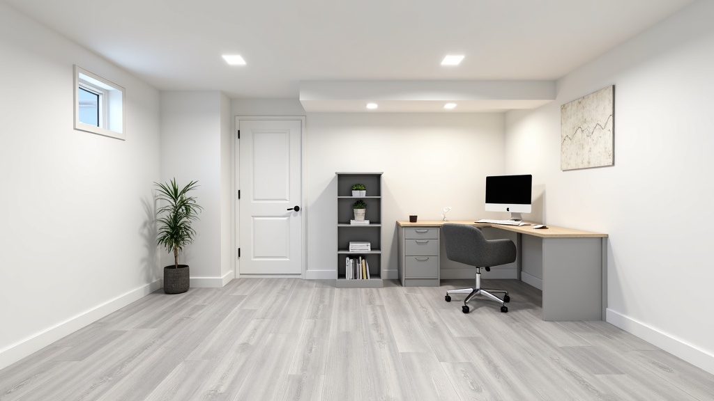 Simple finished basement home office with drywall walls and recessed lighting in Long Island