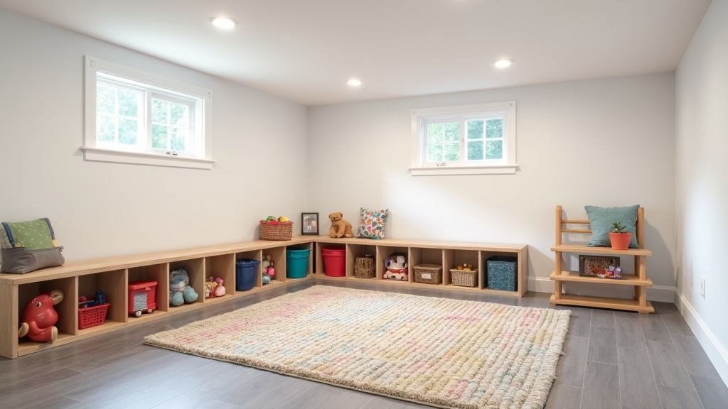 Finished basement children's playroom with LVP flooring and drop ceiling in Long Island home